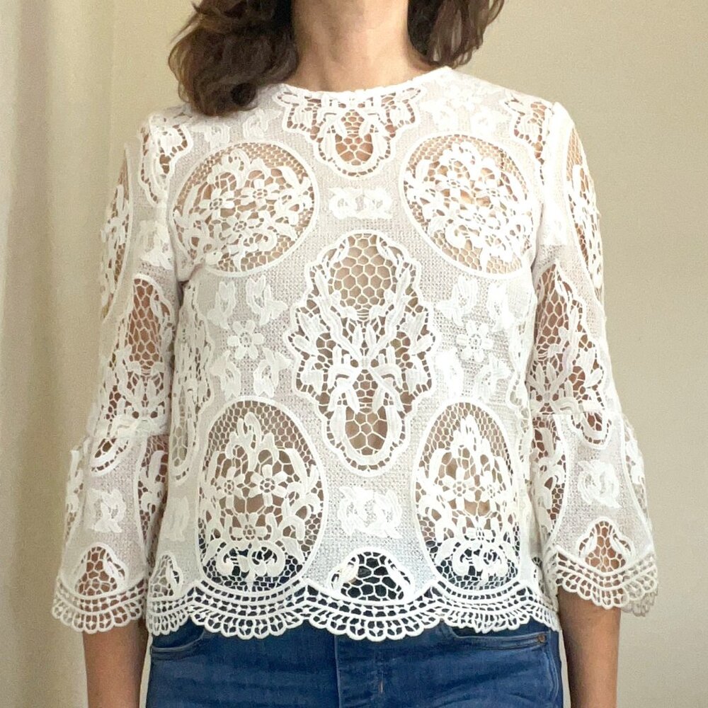 Zara Woman Lace Blouse, Zara White Lace Blouse, Boho Blouse, Bohemian Blouse, Lg